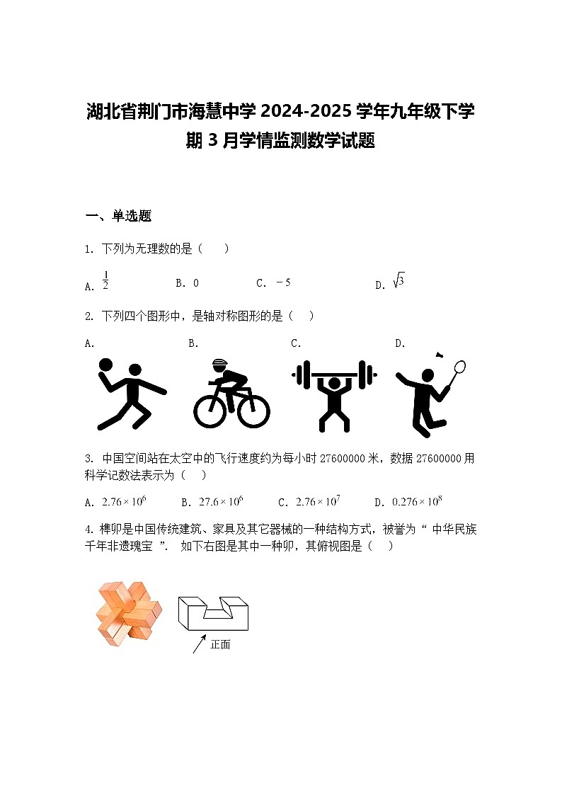 湖北省荆门市海慧中学2024-2025学年九年级下学期3月学情监测数学试题（含答案解析）第1页