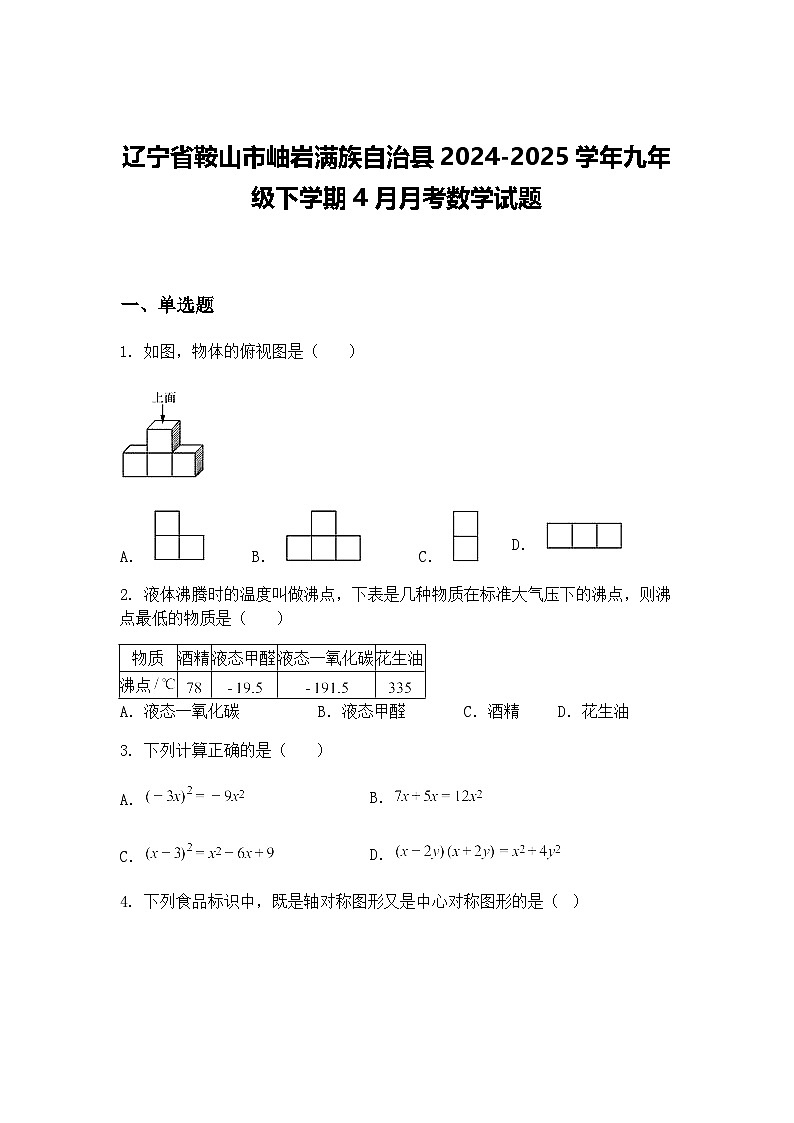 辽宁省鞍山市岫岩满族自治县2024-2025学年九年级下学期4月月考数学试题（含答案解析）第1页