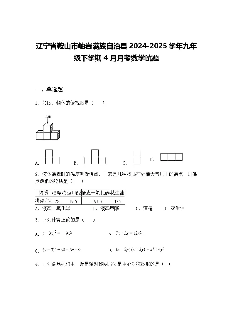 辽宁省鞍山市岫岩满族自治县2024-2025学年九年级下学期4月月考数学试题（含答案解析）第1页