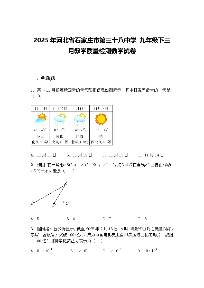 2025年河北省石家庄市第三十八中学 九年级下三月教学质量检测数学试卷（含答案解析）第1页