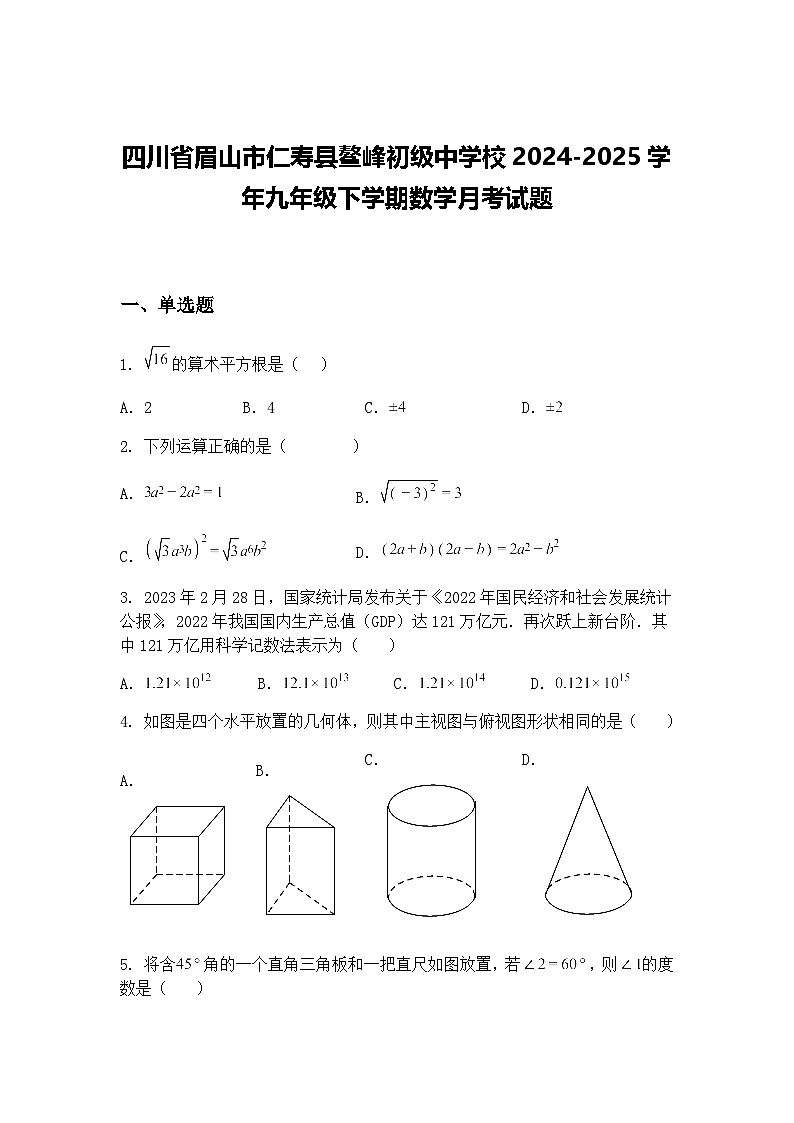 四川省眉山市仁寿县鳌峰初级中学校2024-2025学年九年级下学期数学月考试题（含答案解析）第1页
