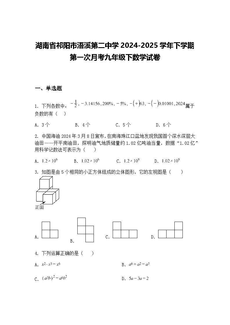 湖南省祁阳市浯溪第二中学2024-2025学年下学期第一次月考九年级下数学试卷（含答案解析）第1页