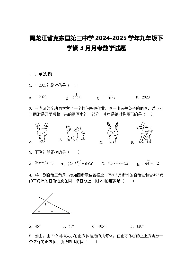 黑龙江省克东县第三中学2024-2025学年九年级下学期3月月考数学试题（含答案解析）第1页