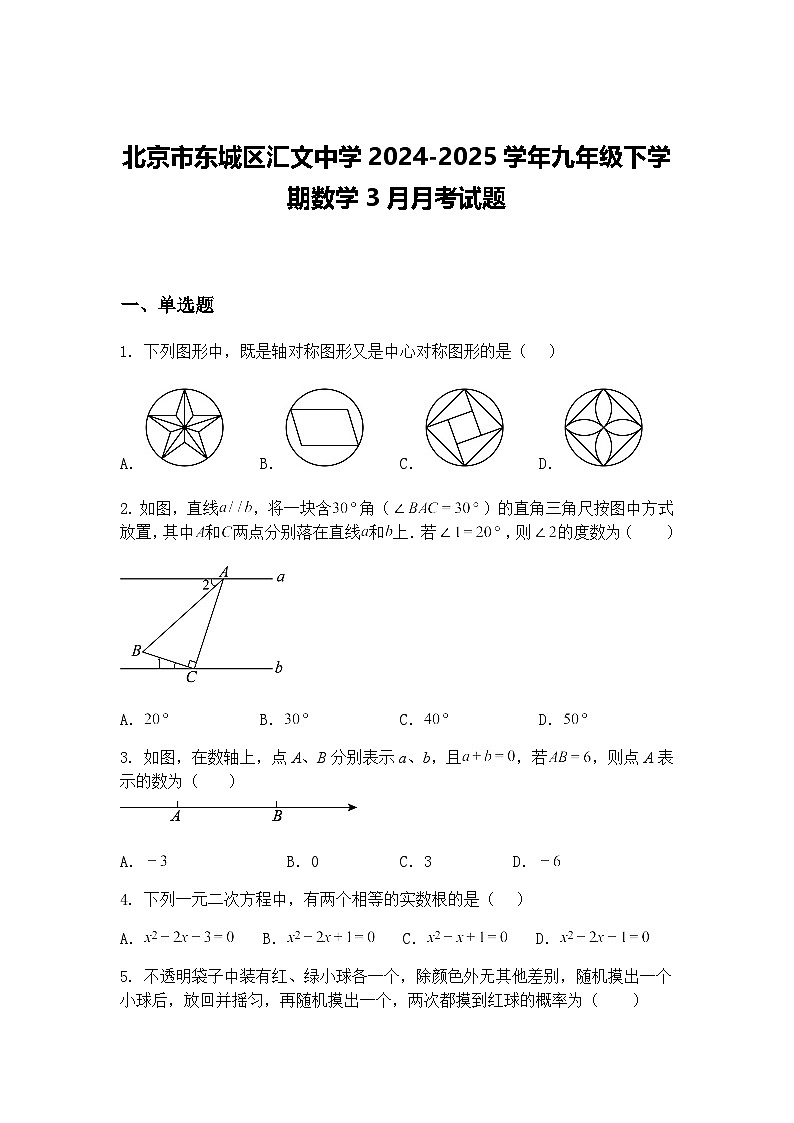 北京市东城区汇文中学2024-2025学年九年级下学期数学3月月考试题（含答案解析）第1页
