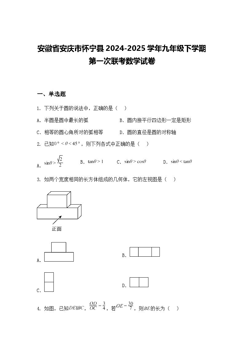 安徽省安庆市怀宁县2024-2025学年九年级下学期第一次联考数学试卷（含答案解析）第1页