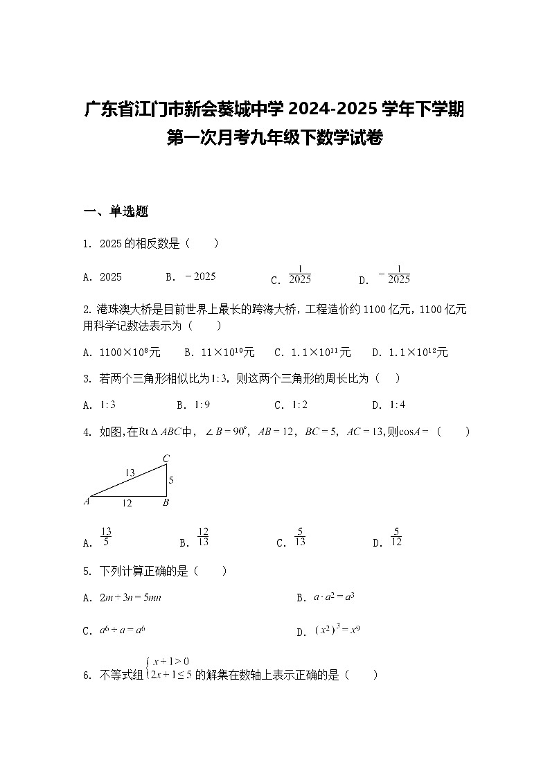 广东省江门市新会葵城中学2024-2025学年下学期第一次月考九年级下数学试卷（含答案解析）第1页