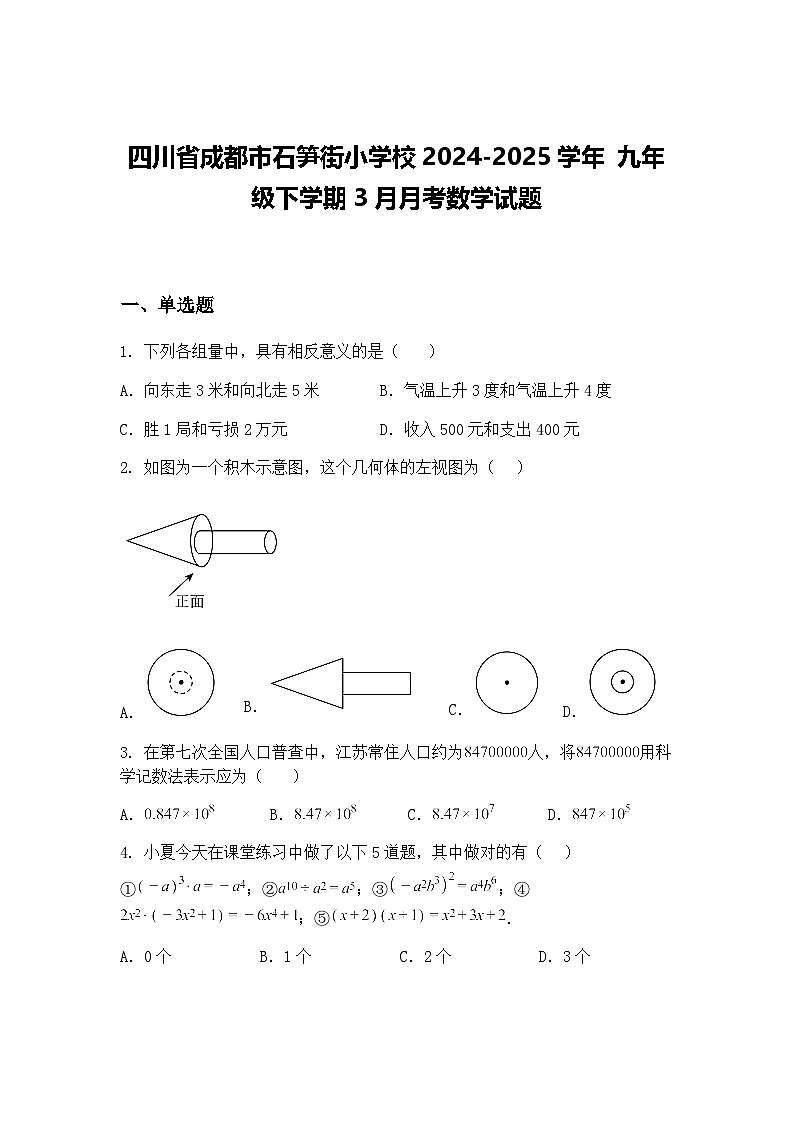四川省成都市石笋街小学校2024-2025学年 九年级下学期3月月考数学试题（含答案解析）第1页