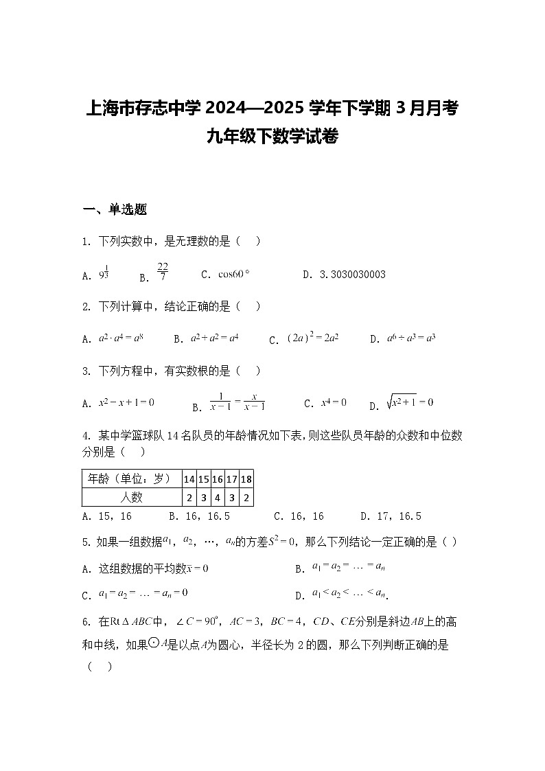 上海市存志中学2024—2025学年下学期3月月考九年级下数学试卷（含答案解析）第1页