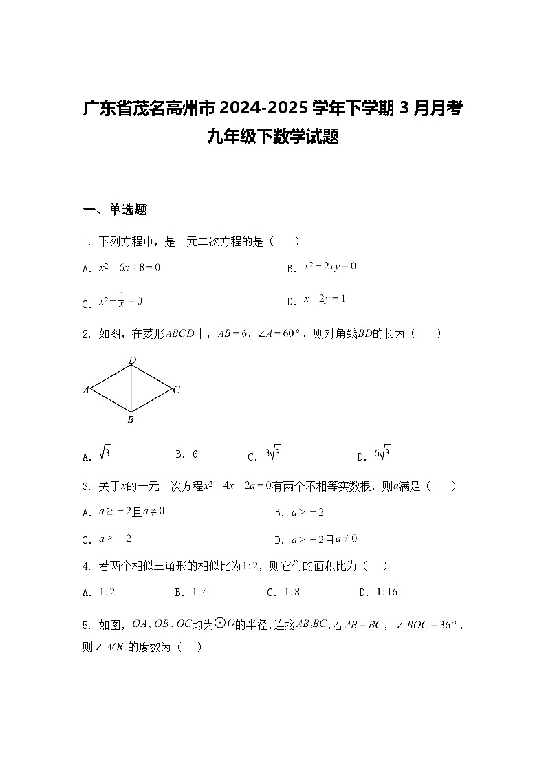 广东省茂名高州市2024-2025学年下学期3月月考九年级下数学试题（含答案解析）第1页