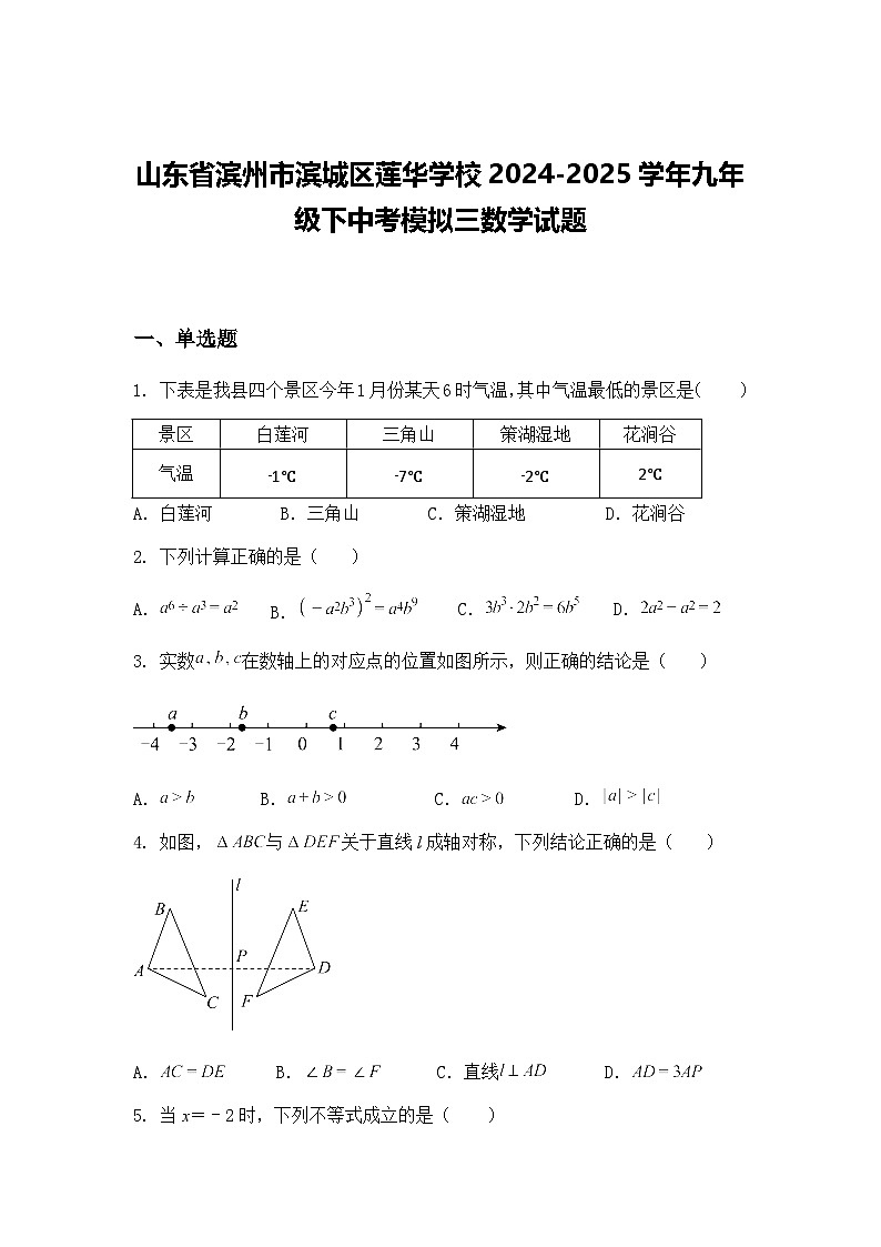 山东省滨州市滨城区莲华学校2024-2025学年九年级下中考模拟三数学试题（含答案解析）第1页