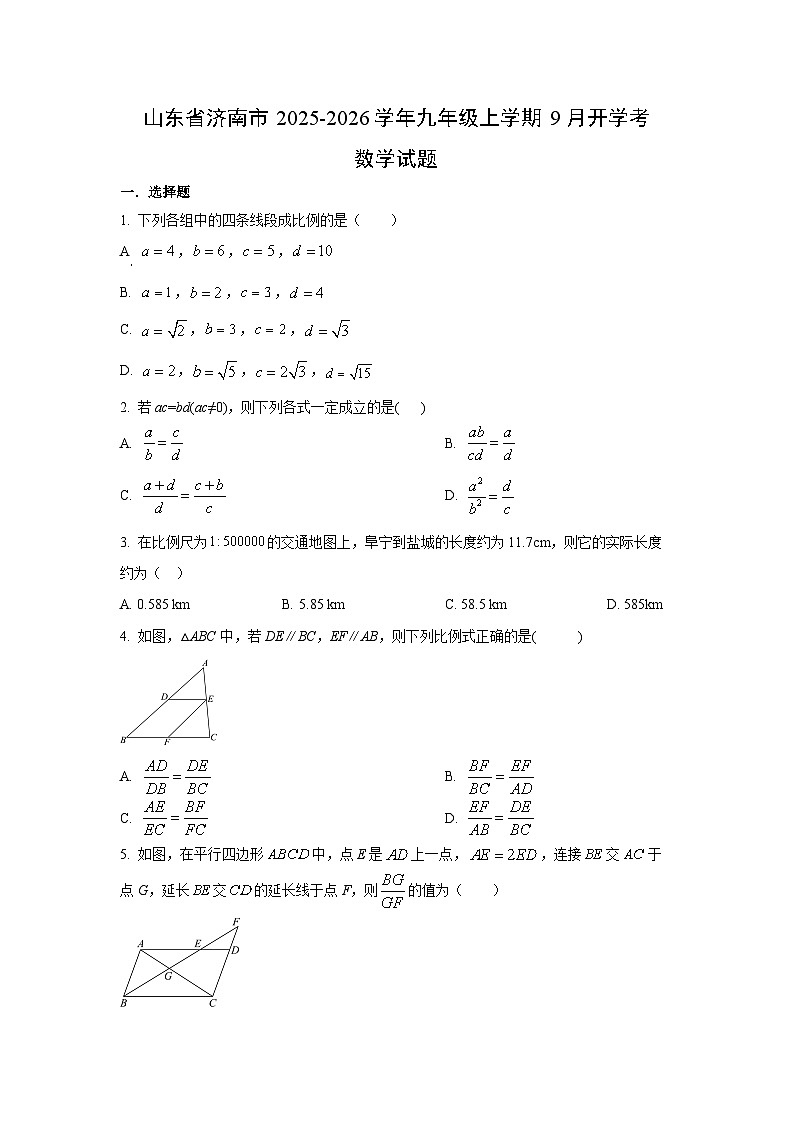 山东省济南市2025-2026学年九年级上学期9月开学考数学试题（学生版）第1页