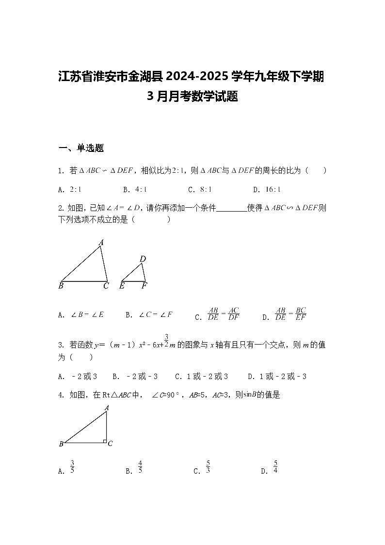 江苏省淮安市金湖县2024-2025学年九年级下学期3月月考数学试题（含答案解析）第1页