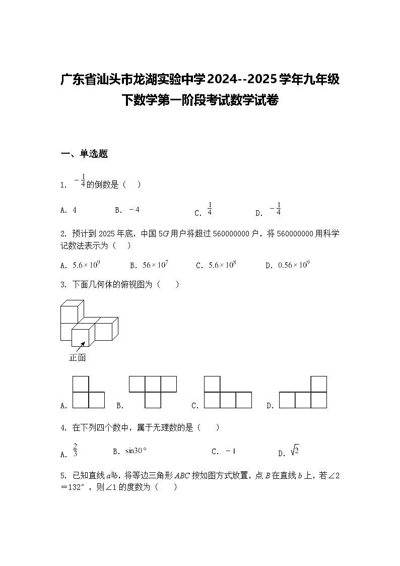 广东省汕头市龙湖实验中学2024--2025学年九年级下数学第一阶段考试数学试卷（含答案解析）第1页