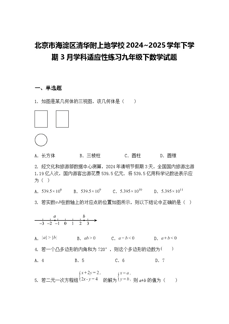 北京市海淀区清华附上地学校2024~2025学年下学期3月学科适应性练习九年级下数学试题（含答案解析）第1页