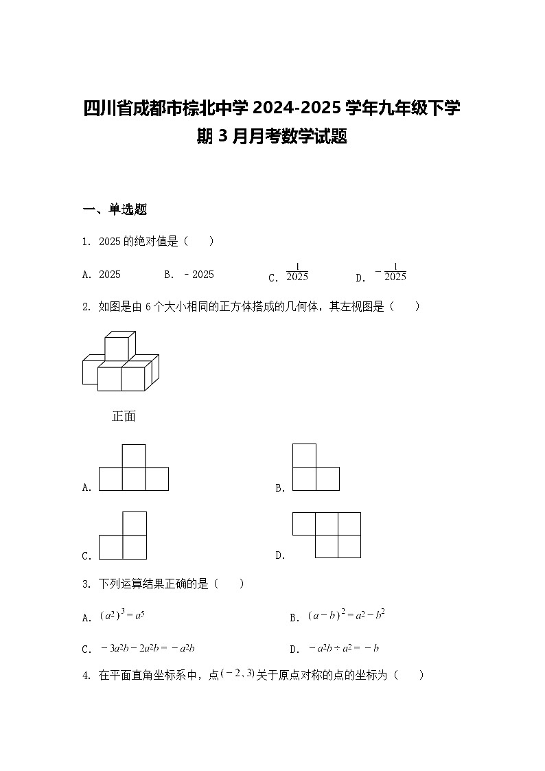 四川省成都市棕北中学2024-2025学年九年级下学期3月月考数学试题（含答案解析）第1页
