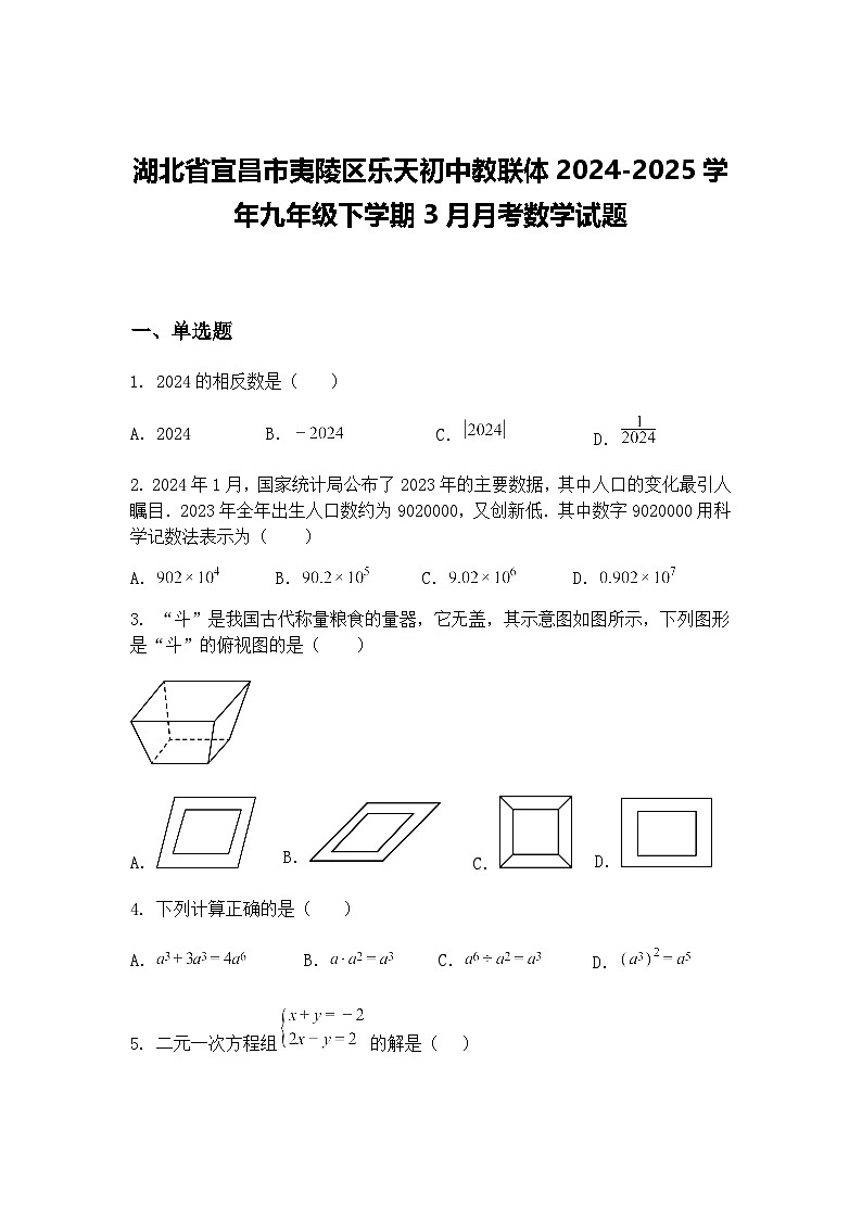 湖北省宜昌市夷陵区乐天初中教联体2024-2025学年九年级下学期3月月考数学试题（含答案解析）第1页