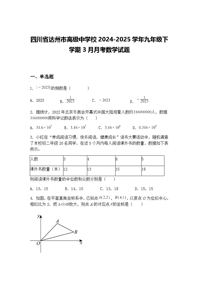 四川省达州市高级中学校2024-2025学年九年级下学期3月月考数学试题（含答案解析）第1页