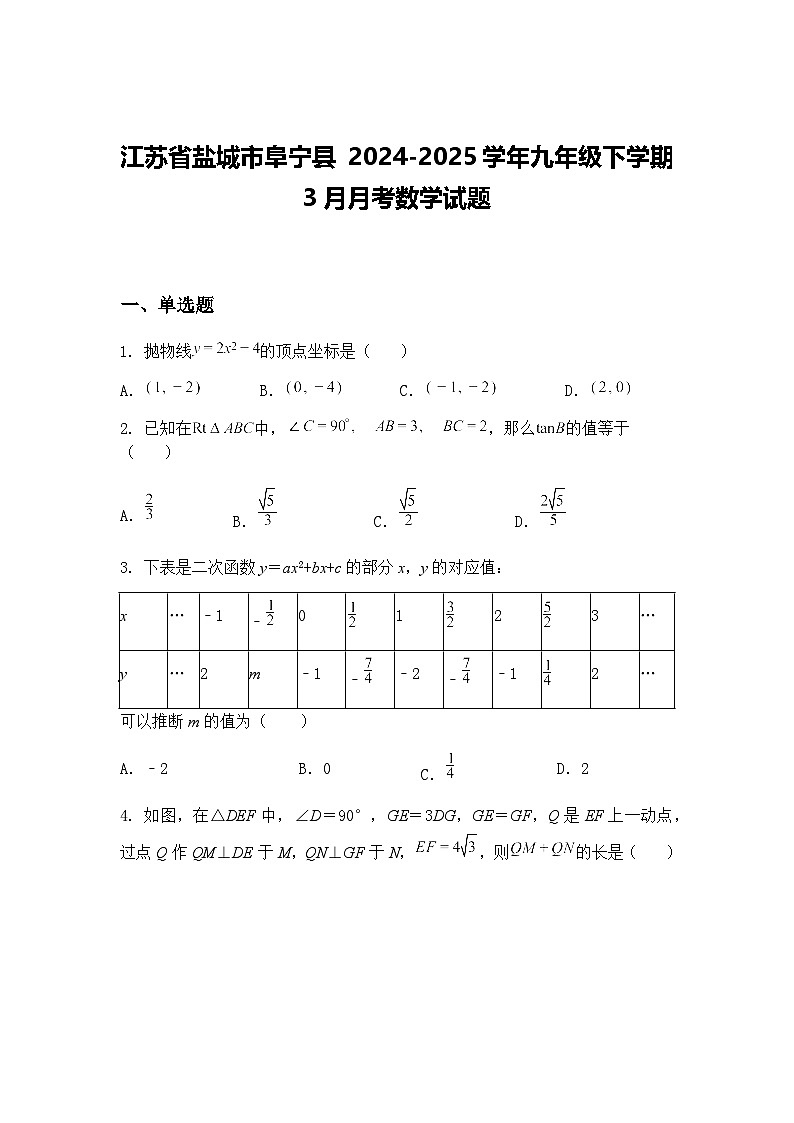 江苏省盐城市阜宁县 2024-2025学年九年级下学期3月月考数学试题（含答案解析）第1页
