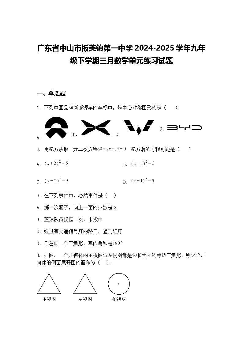 广东省中山市板芙镇第一中学2024-2025学年九年级下学期三月数学单元练习试题（含答案解析）第1页
