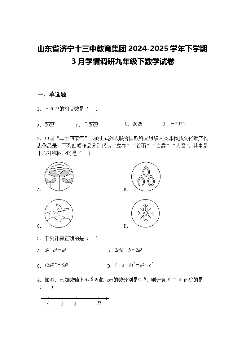 山东省济宁十三中教育集团2024-2025学年下学期3月学情调研九年级下数学试卷（含答案解析）第1页