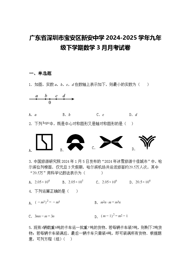 广东省深圳市宝安区新安中学2024-2025学年九年级下学期数学3月月考试卷（含答案解析）第1页