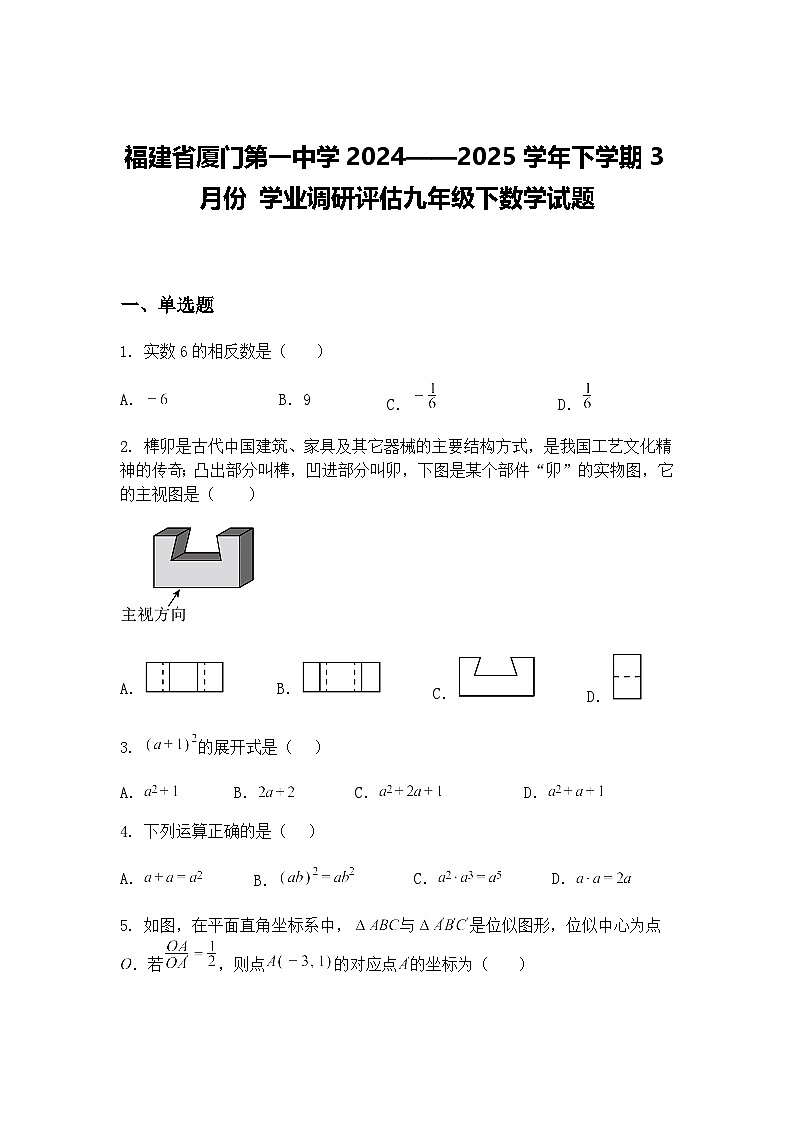 福建省厦门第一中学2024——2025学年下学期3月份 学业调研评估九年级下数学试题（含答案解析）第1页