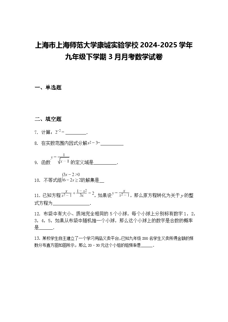 上海市上海师范大学康城实验学校2024-2025学年九年级下学期3月月考数学试卷（含答案解析）第1页