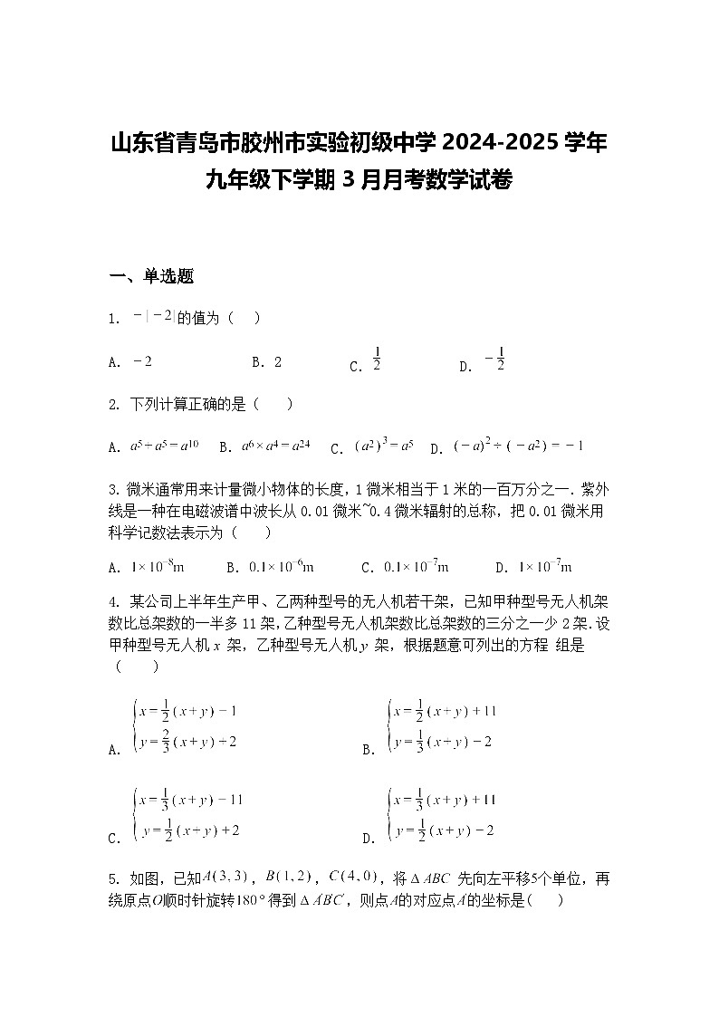 山东省青岛市胶州市实验初级中学2024-2025学年九年级下学期3月月考数学试卷（含答案解析）第1页