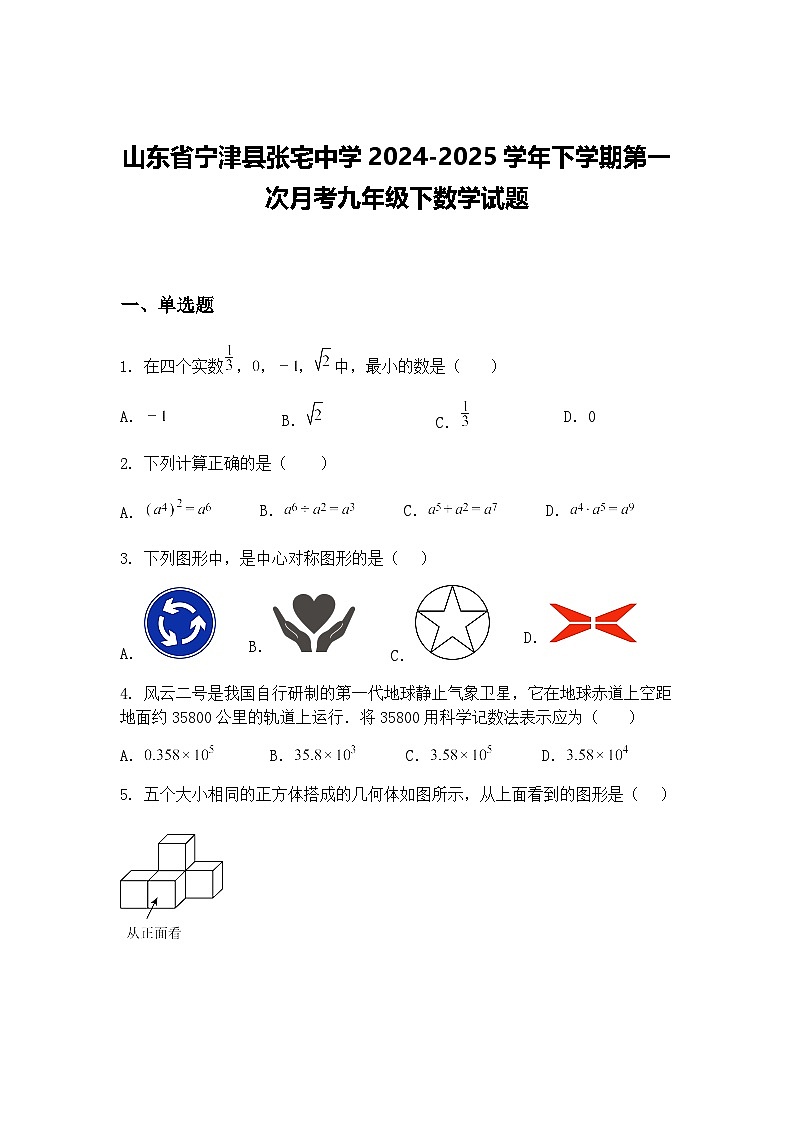 山东省宁津县张宅中学2024-2025学年下学期第一次月考九年级下数学试题（含答案解析）第1页