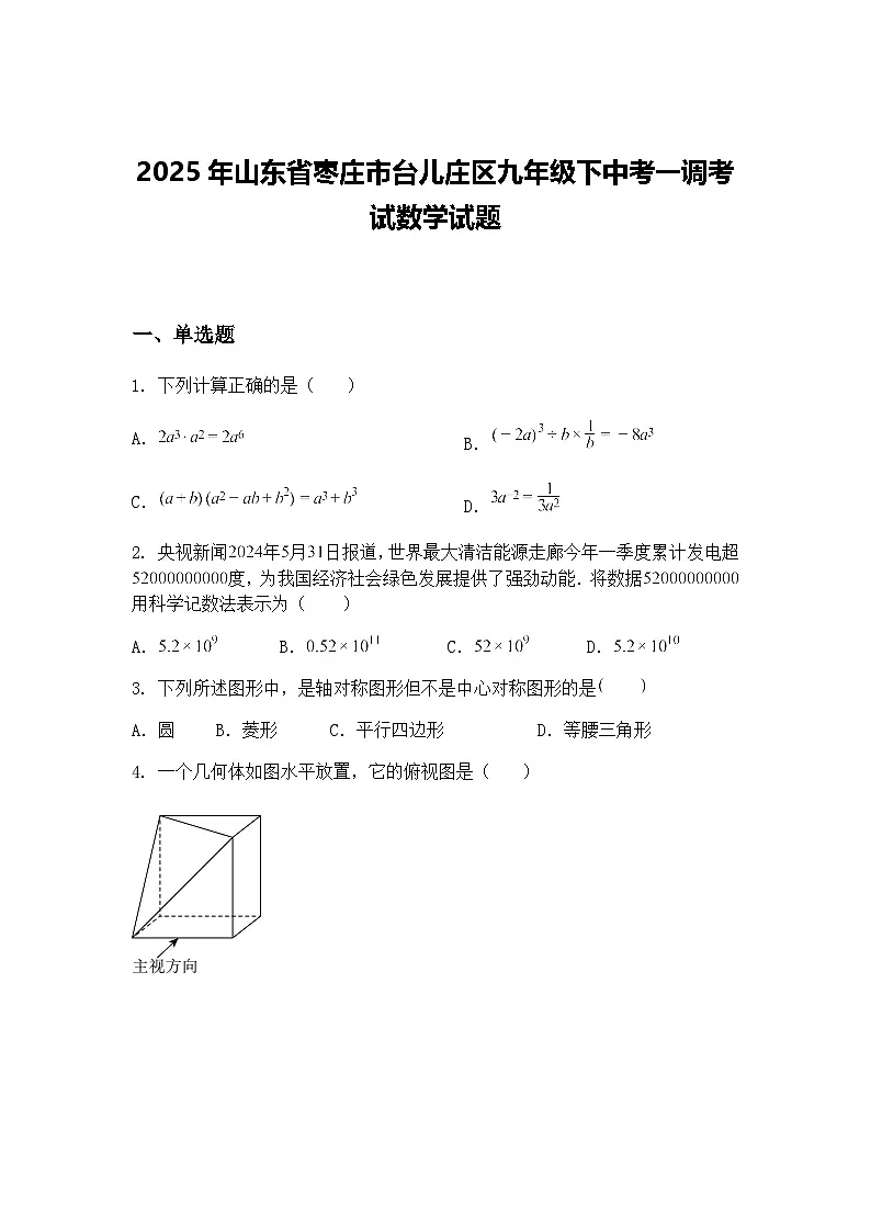 2025年山东省枣庄市台儿庄区九年级下中考一调考试数学试题（含答案解析）第1页
