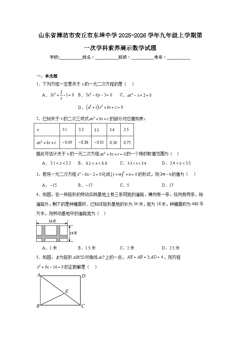 2025-2026学年山东省潍坊市安丘市东埠中学九年级上学期第一次学科素养展示数学试题第1页