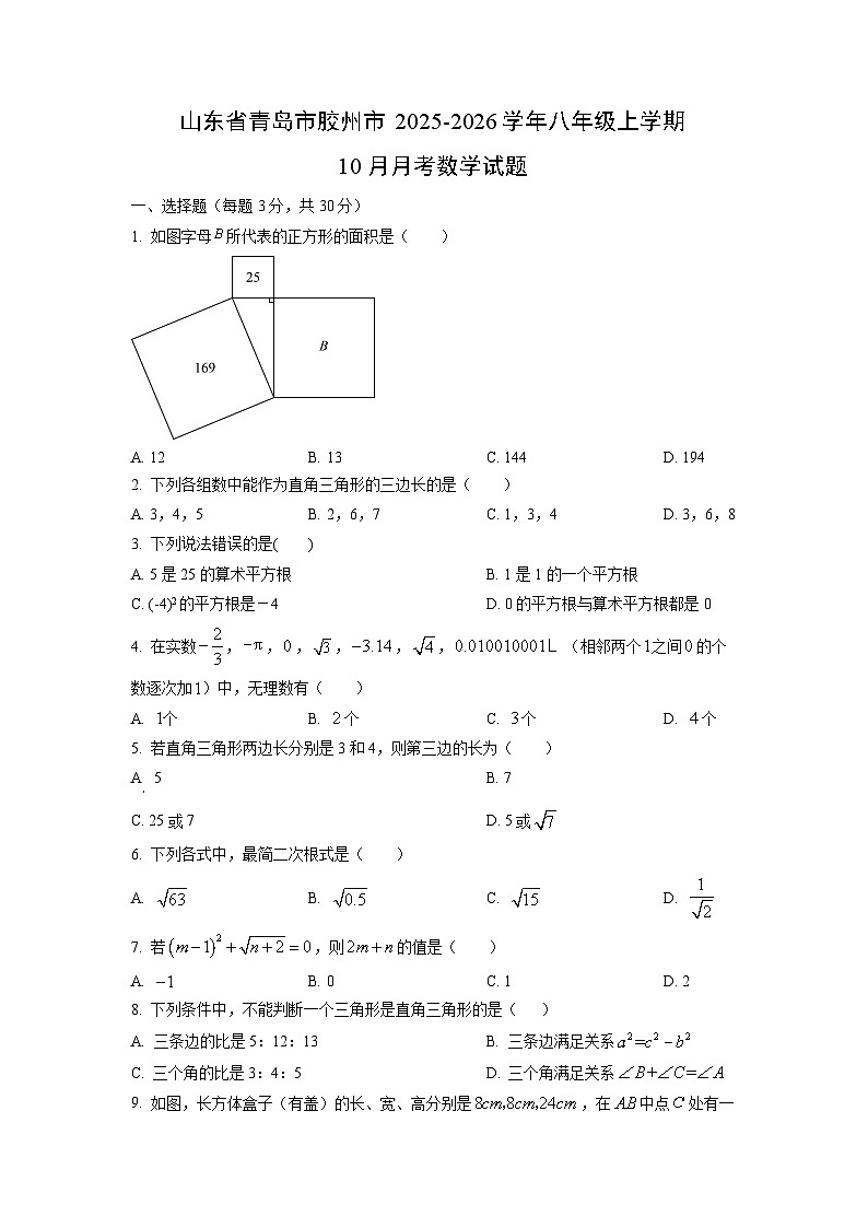 山东省青岛市胶州市2025-2026学年八年级上学期10月月考数学试题（学生版）第1页