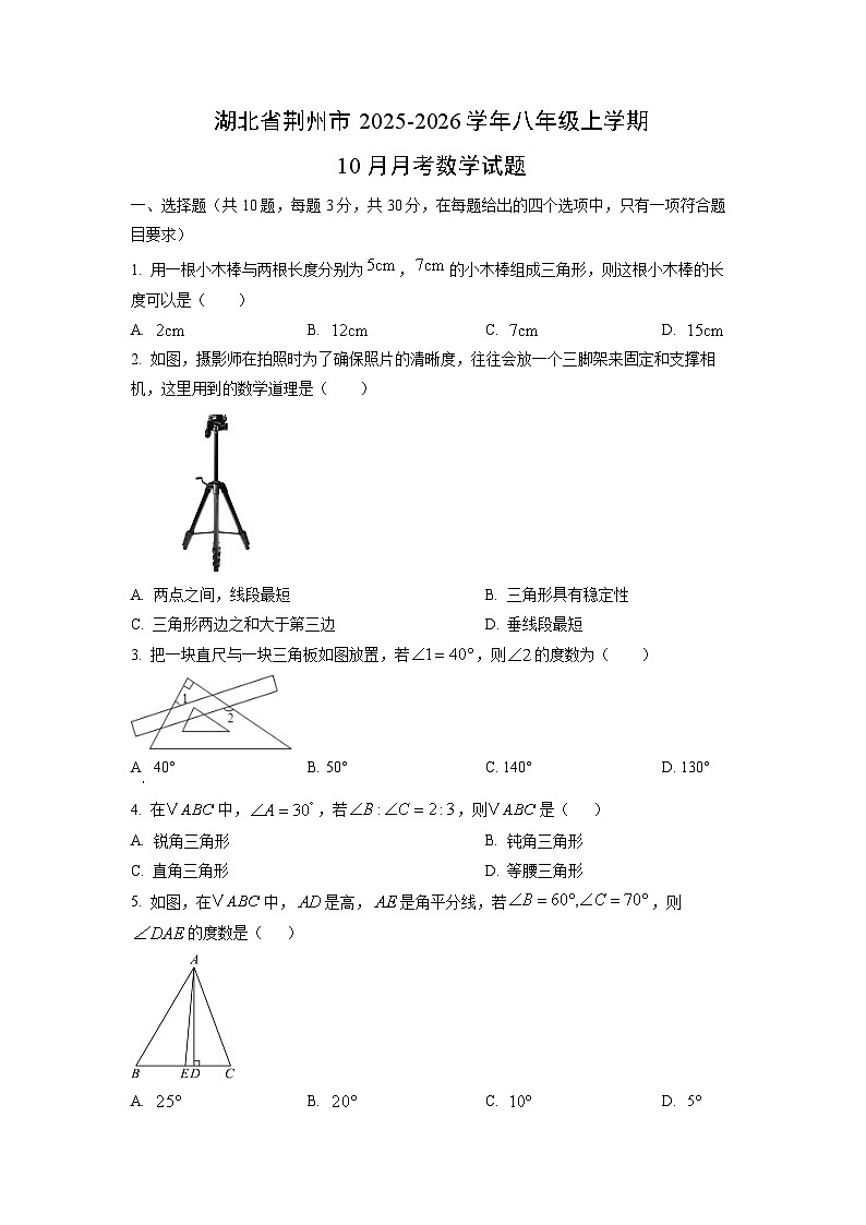 湖北省荆州市2025-2026学年八年级上学期10月月考数学试题（学生版）第1页