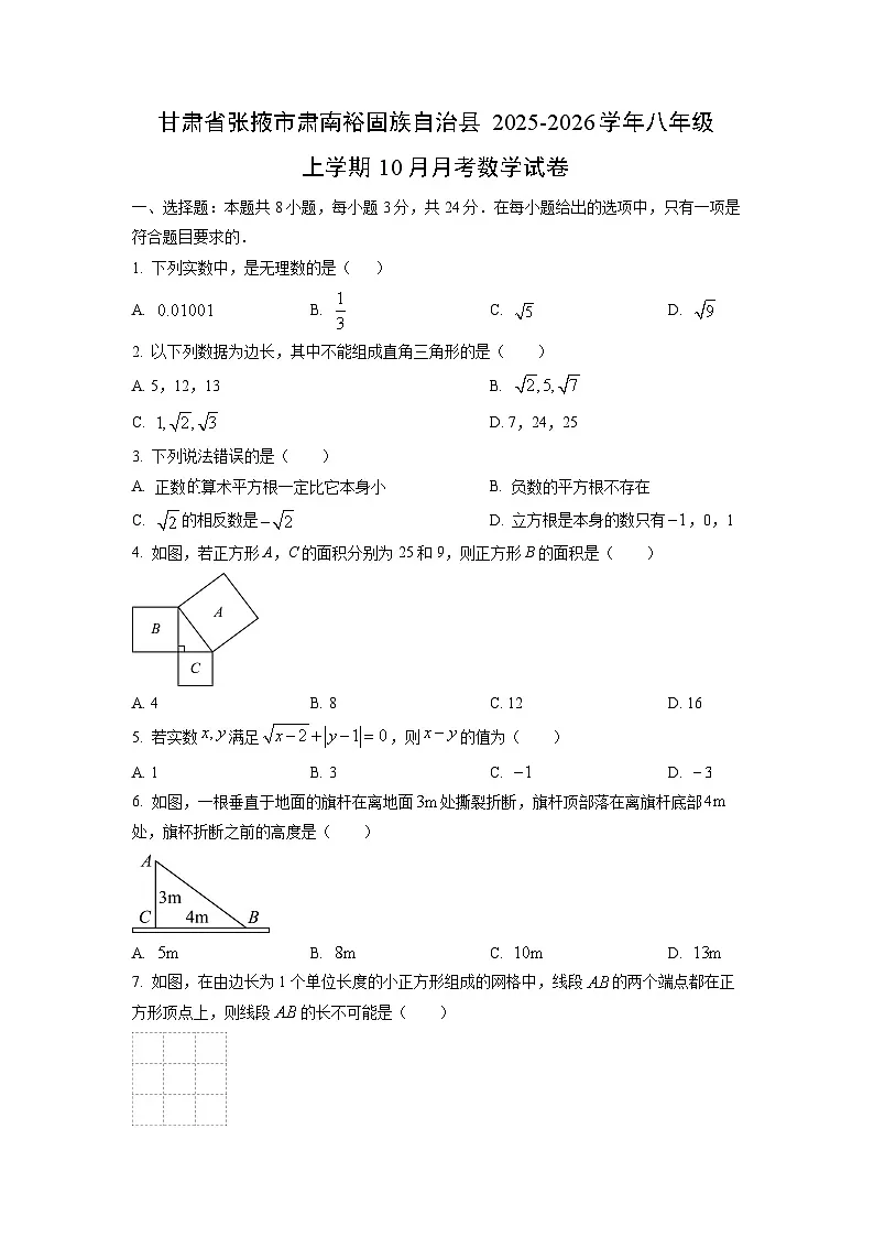 甘肃省张掖市肃南裕固族自治县2025-2026学年八年级上学期10月月考数学试题（学生版）第1页
