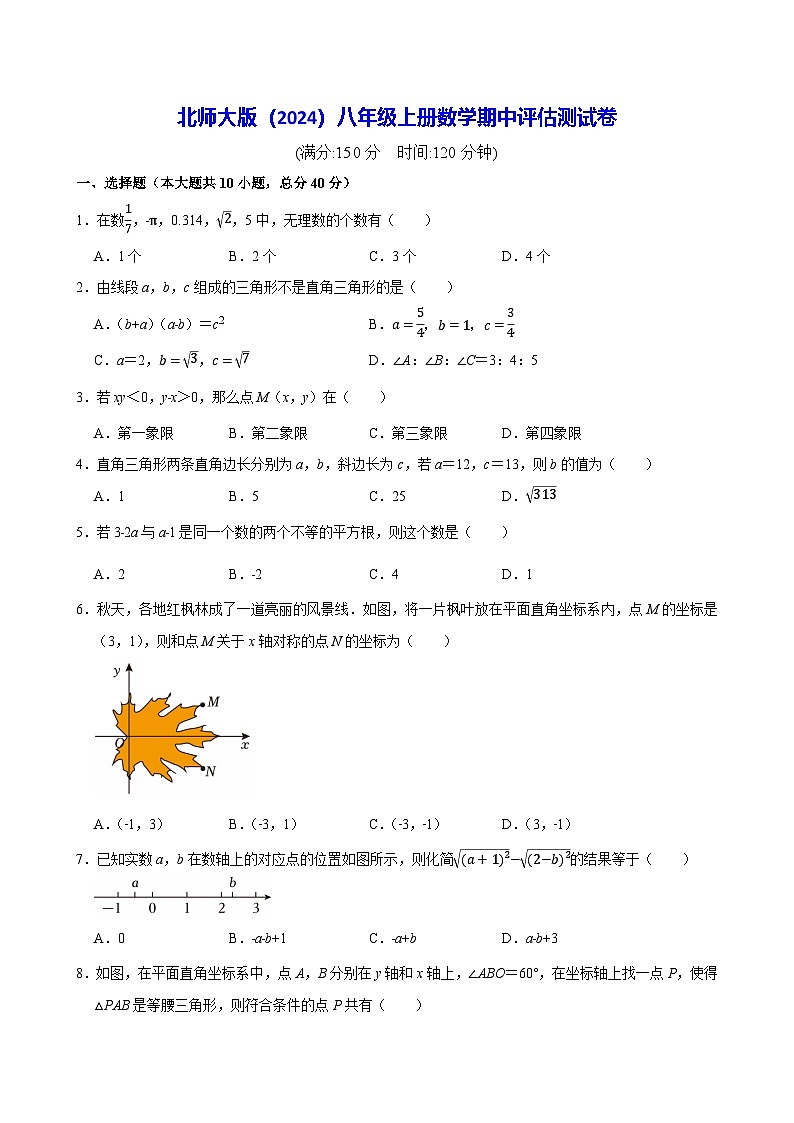北师大版（2024）八年级上册数学期中评估测试卷（含答案）第1页