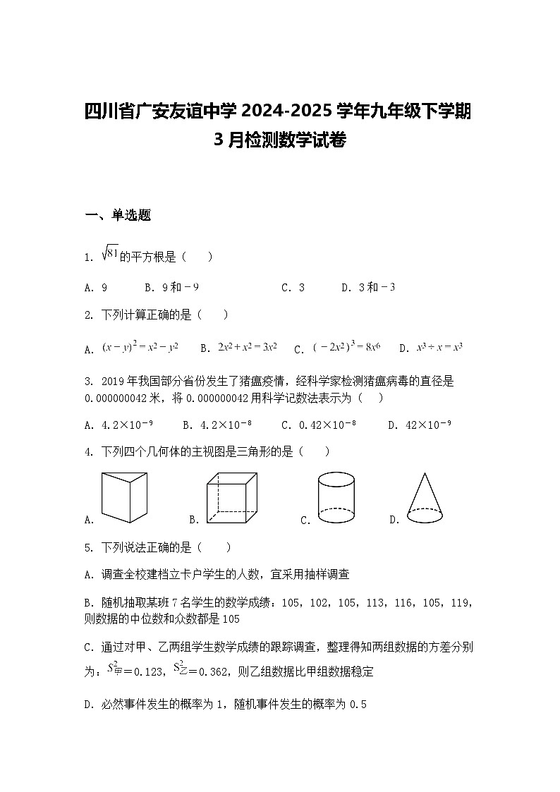 四川省广安友谊中学2024-2025学年九年级下学期3月检测数学试卷（含答案解析）第1页
