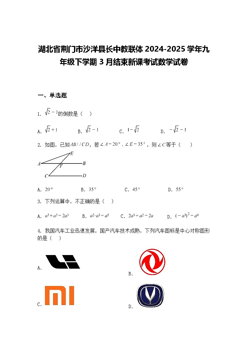 湖北省荆门市沙洋县长中教联体2024-2025学年九年级下学期3月结束新课考试数学试卷（含答案解析）第1页