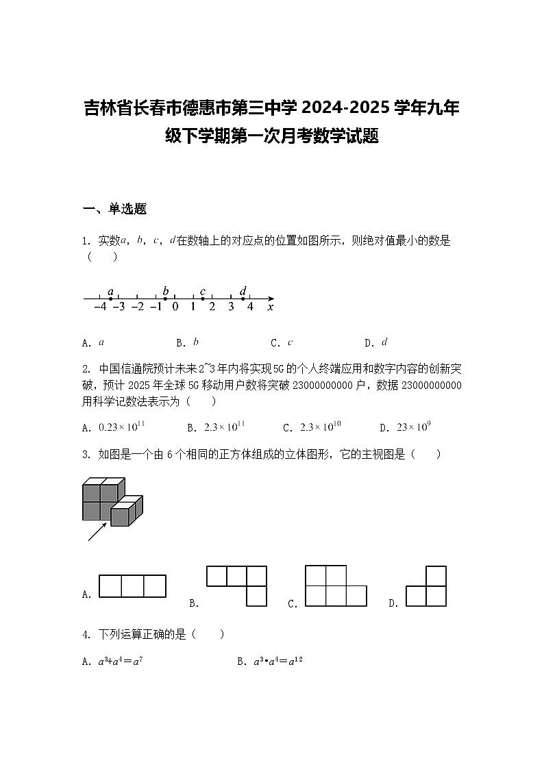 吉林省长春市德惠市第三中学2024-2025学年九年级下学期第一次月考数学试题（含答案解析）第1页