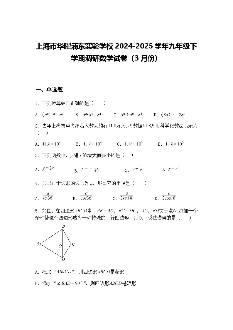 上海市华曜浦东实验学校2024-2025学年九年级下学期调研数学试卷（3月份）（含答案解析）第1页