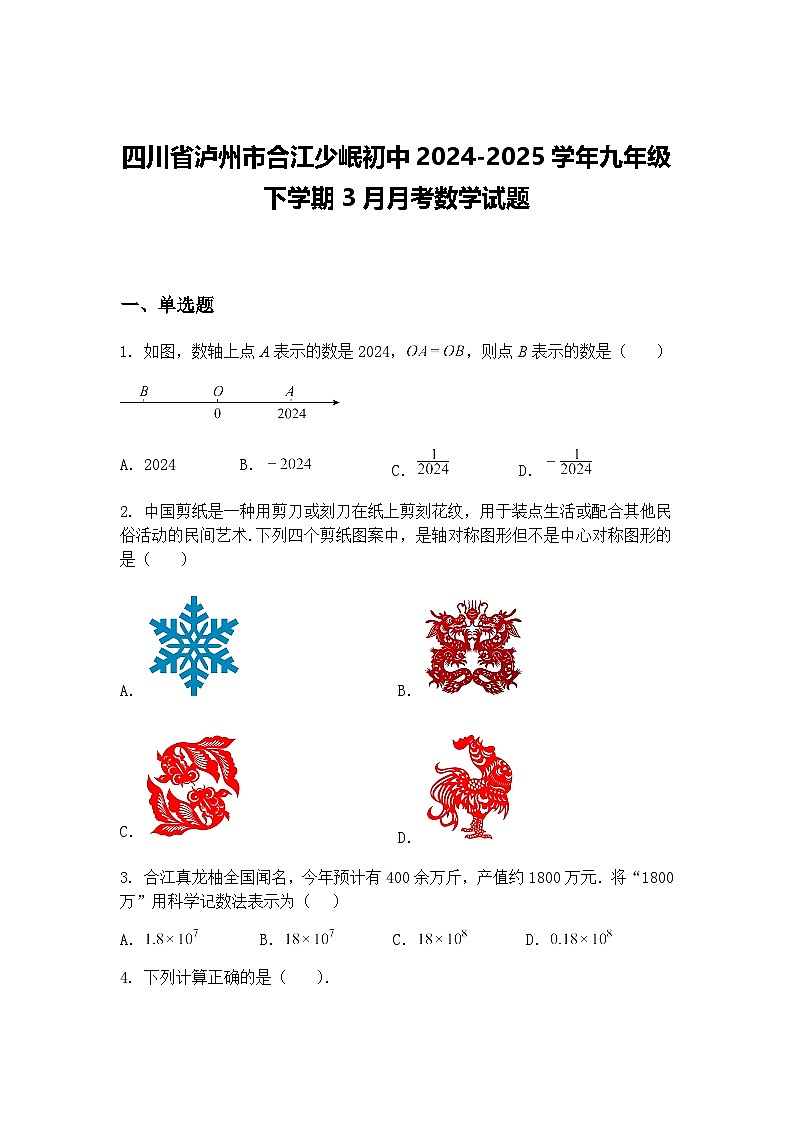四川省泸州市合江少岷初中2024-2025学年九年级下学期3月月考数学试题（含答案解析）第1页