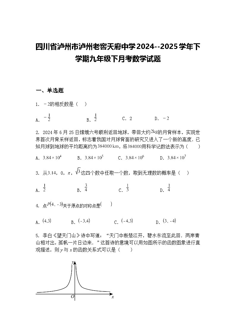四川省泸州市泸州老窖天府中学2024--2025学年下学期九年级下月考数学试题（含答案解析）第1页