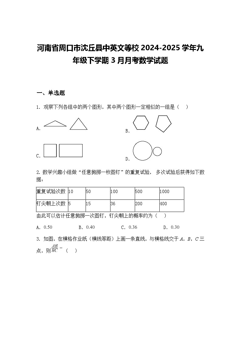 河南省周口市沈丘县中英文等校2024-2025学年九年级下学期3月月考数学试题（含答案解析）第1页