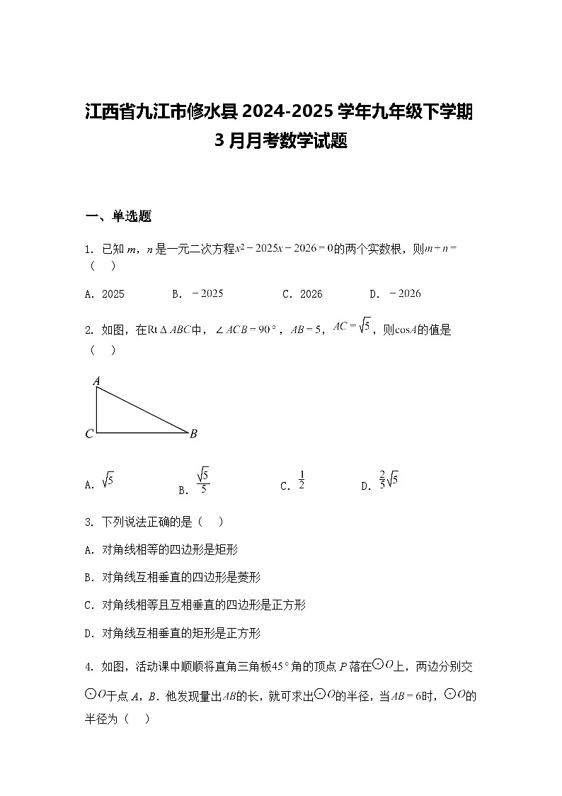 江西省九江市修水县2024-2025学年九年级下学期3月月考数学试题（含答案解析）第1页