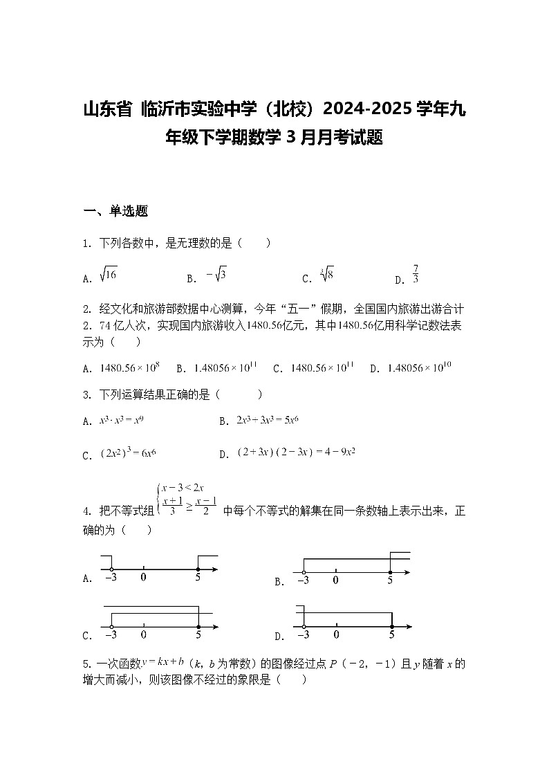 山东省 临沂市实验中学（北校）2024-2025学年九年级下学期数学3月月考试题（含答案解析）第1页