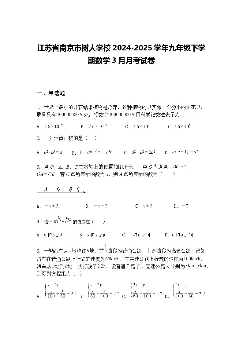 江苏省南京市树人学校2024-2025学年九年级下学期数学3月月考试卷（含答案解析）第1页