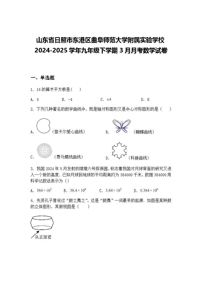 山东省日照市东港区曲阜师范大学附属实验学校2024-2025学年九年级下学期3月月考数学试卷（含答案解析）第1页