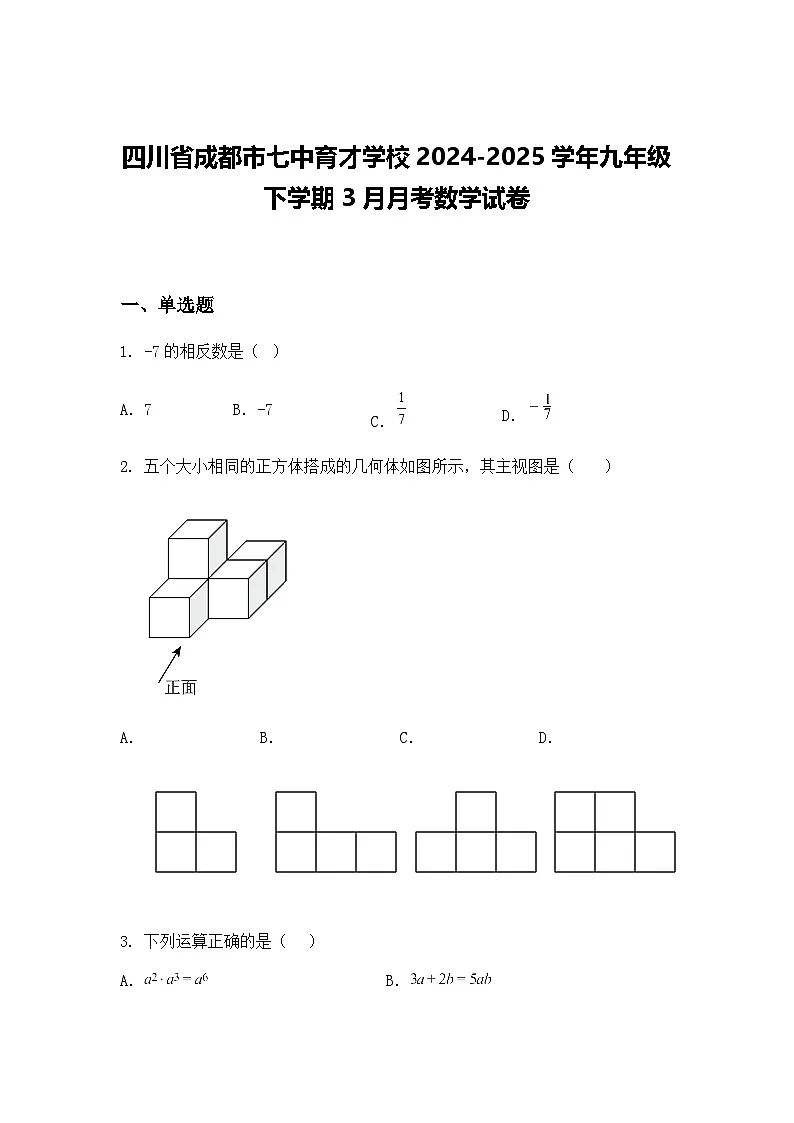 四川省成都市七中育才学校2024-2025学年九年级下学期3月月考数学试卷（含答案解析）第1页