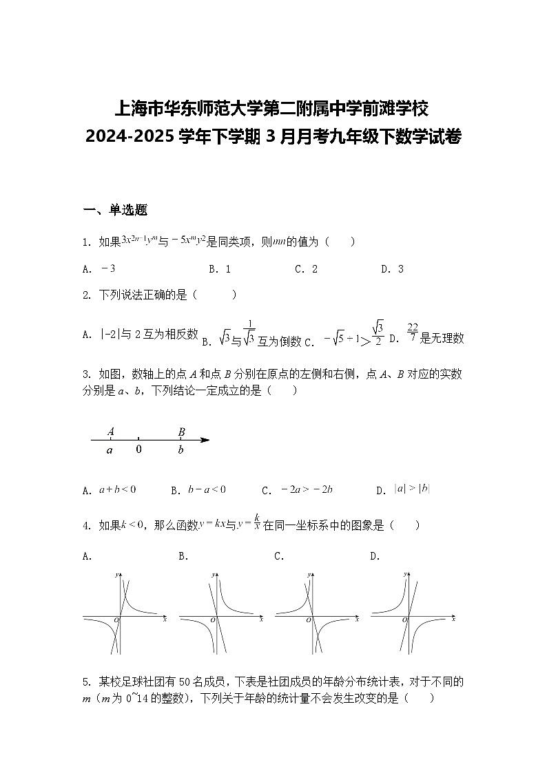 上海市华东师范大学第二附属中学前滩学校2024-2025学年下学期3月月考九年级下数学试卷（含答案解析）第1页