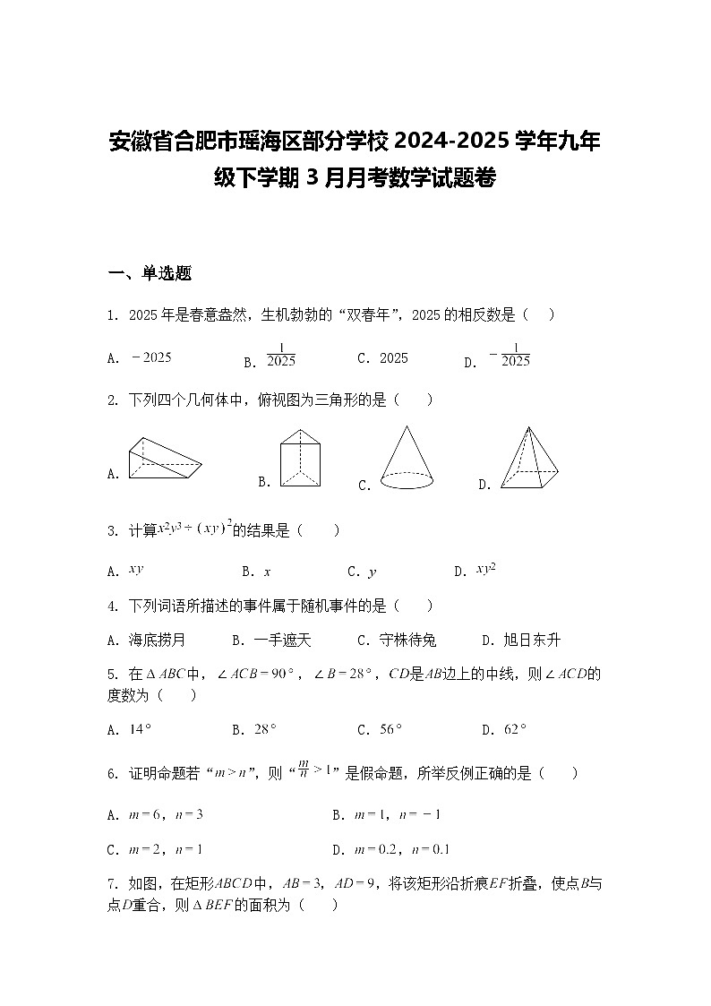 安徽省合肥市瑶海区部分学校2024-2025学年九年级下学期3月月考数学试题卷（含答案解析）第1页