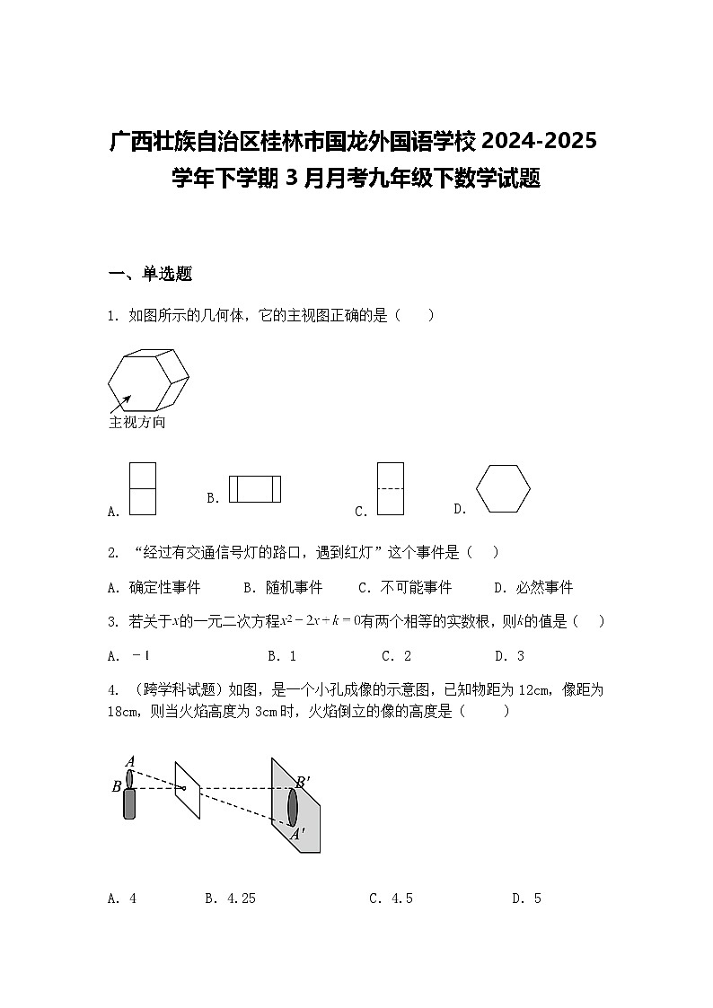 广西壮族自治区桂林市国龙外国语学校2024-2025学年下学期3月月考九年级下数学试题（含答案解析）第1页